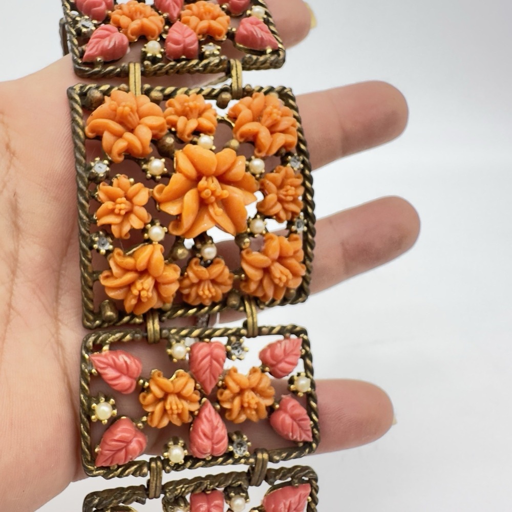 Vintage Carved Celluloid Panel Bracelet Link Carved Faux Coral Victorian Revival